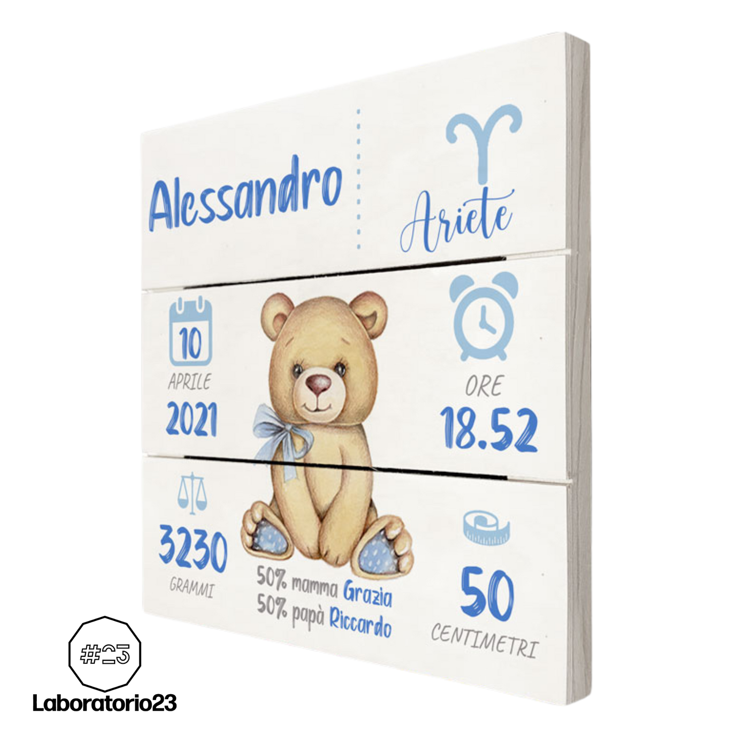 Quadretto Nascita Personalizzato su Legno 20x20 Orsetto