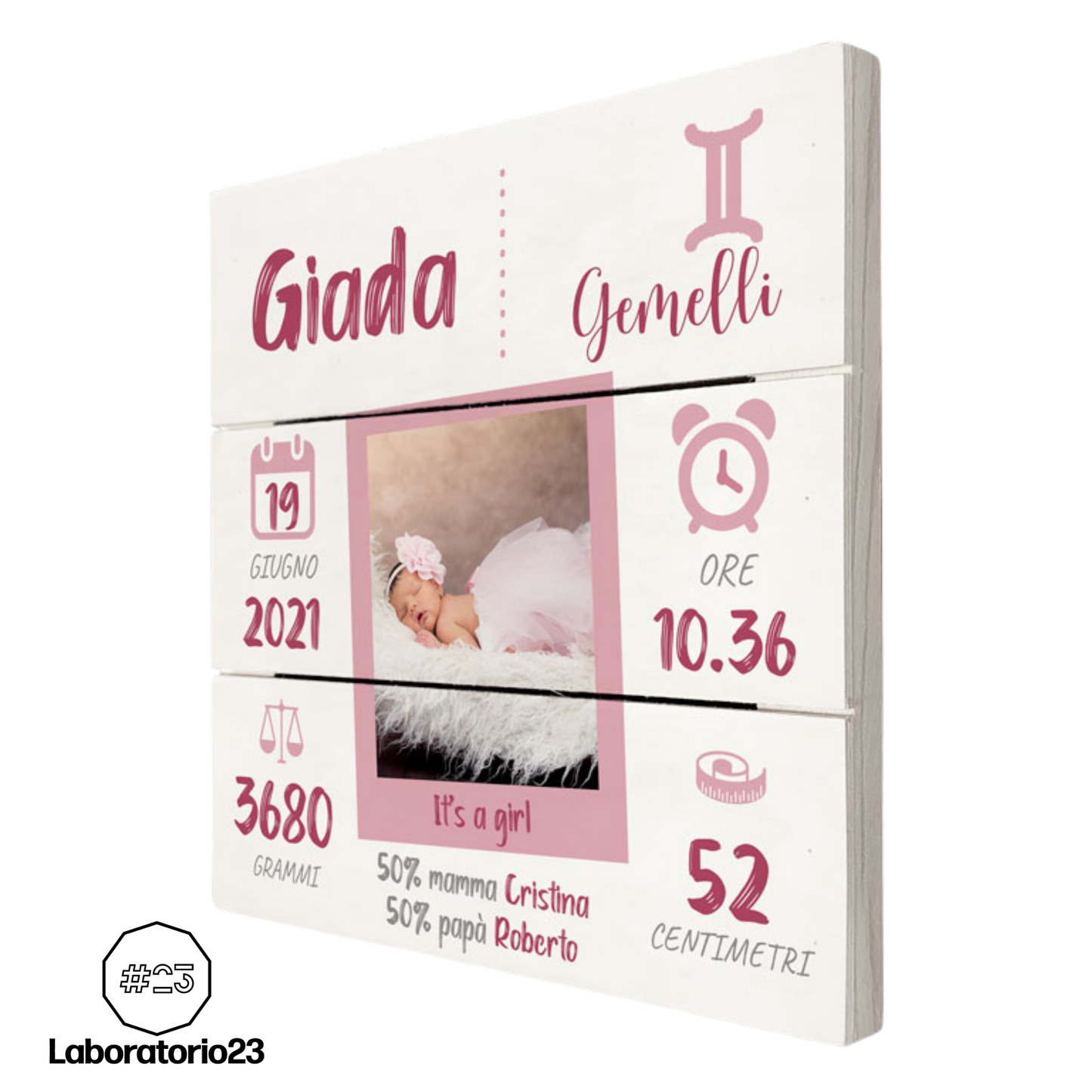 Quadretto Nascita Personalizzato su Legno 20x20 Con La Tua Foto