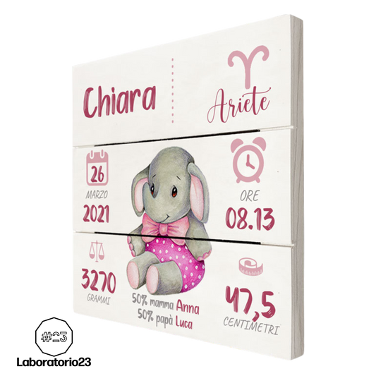 Quadretto Nascita Personalizzato su Legno 20x20 Elefantino
