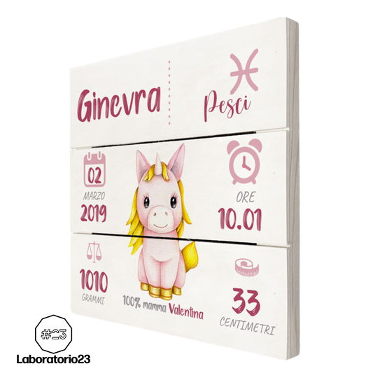 Quadretto Nascita Personalizzato su Legno 20x20 Unicorno