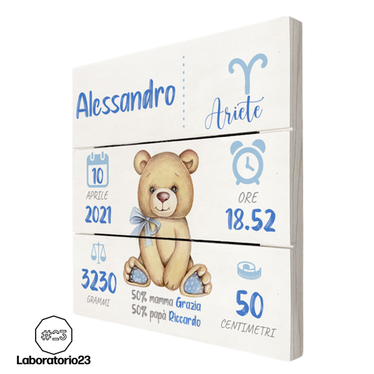 Quadretto Nascita Personalizzato su Legno 20x20 Orsetto