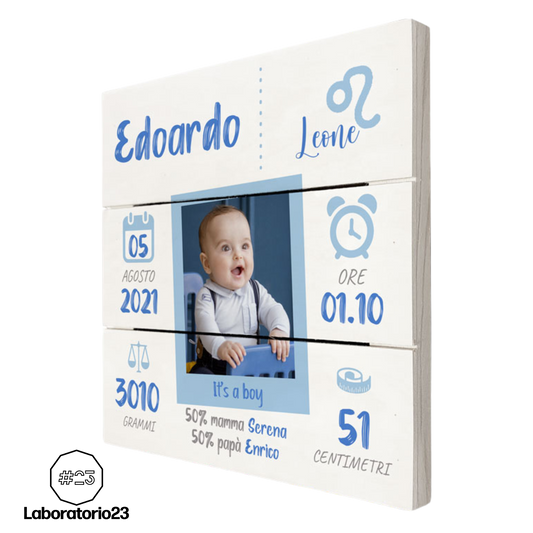 Quadretto Nascita Personalizzato su Legno 20x20 Con La Tua Foto