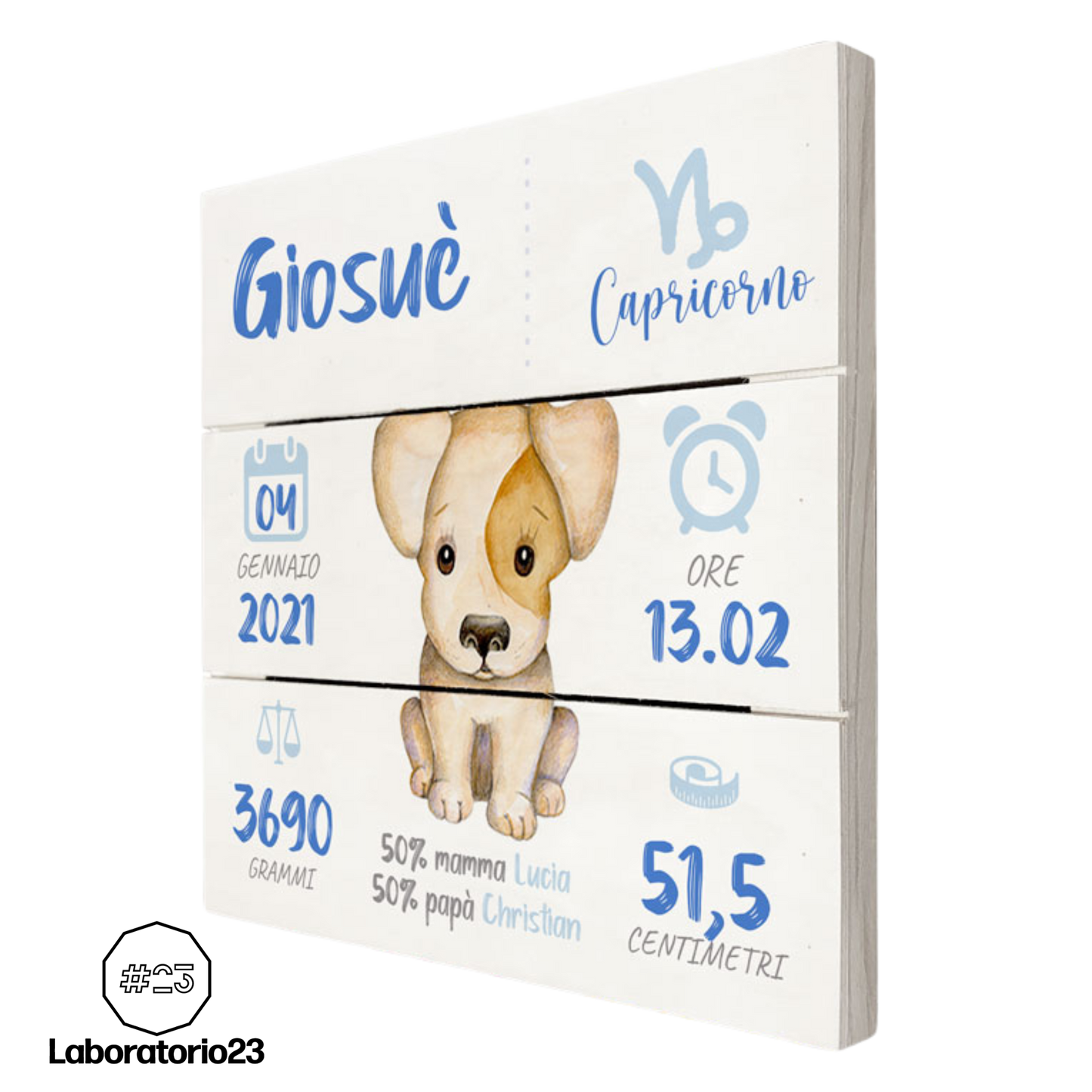 Quadretto Nascita Personalizzato su Legno 20x20 Cagnolino