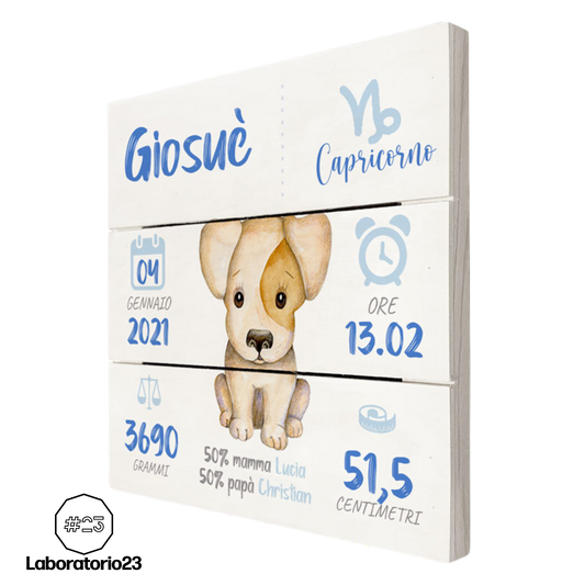Quadretto Nascita Personalizzato su Legno 20x20 Cagnolino