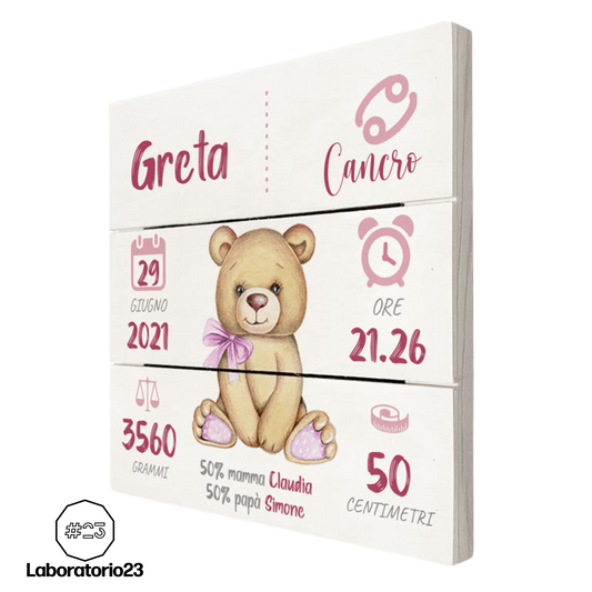Quadretto Nascita Personalizzato su Legno 20x20 Orsetto Fiocco