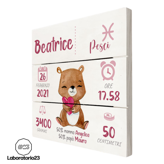 Quadretto Nascita Personalizzato su Legno 20x20 Orsetto Cuore